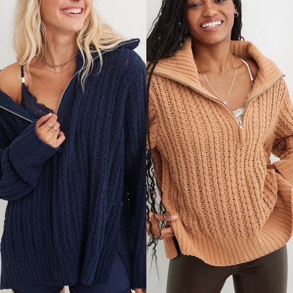 Aerie Cream Cable Car Quarter Zip Oversized Soft Knit Chenille Sweater - Picture 3 of 13